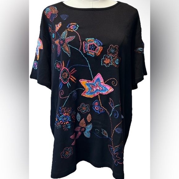 Laura Ashley Tops - Laura Ashley Boho Black Blouse with Colorful Embroidery Size 2X